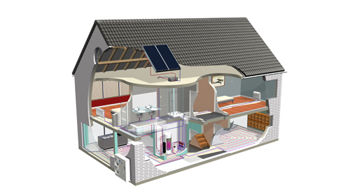 Een huis met een zonnepaneel op het dak, dat duurzame energie opwekt voor een milieuvriendelijke levensstijl.